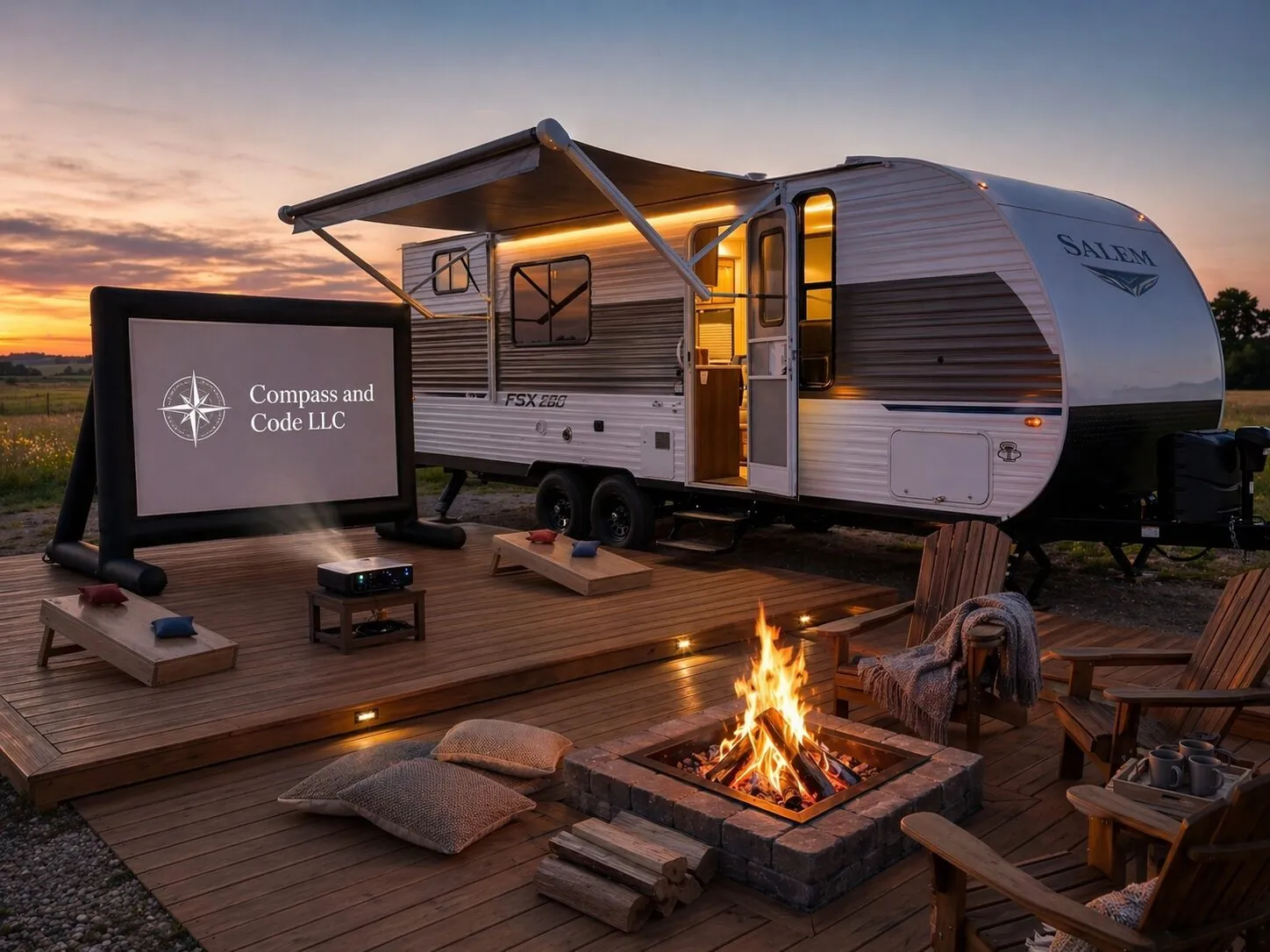 A travel trailer at dusk with a lit awning, outdoor movie screen and stone fire pit on a wooden deck