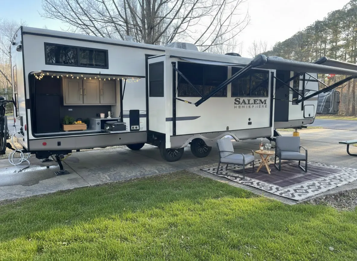 A Compass and Code rig staged at golden hour with its outdoor kitchen open, string lights along the awning and patio chairs set on an outdoor rug